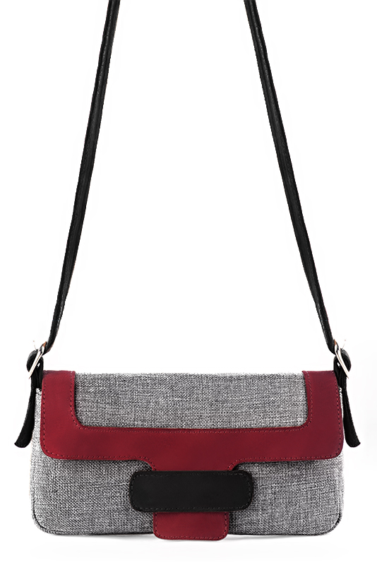 Pebble grey, burgundy red and matt black women's dress handbag, matching pumps and belts. Top view - Florence KOOIJMAN